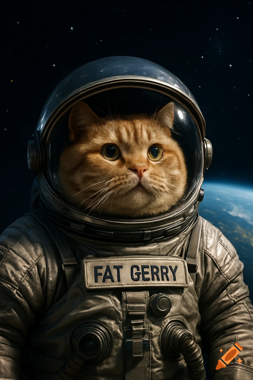 A fluffy orange cat in an astronaut helmet and suit floats in space, with Earth visible in the blurred background. The suit has a name tag that reads "FAT GERRY".