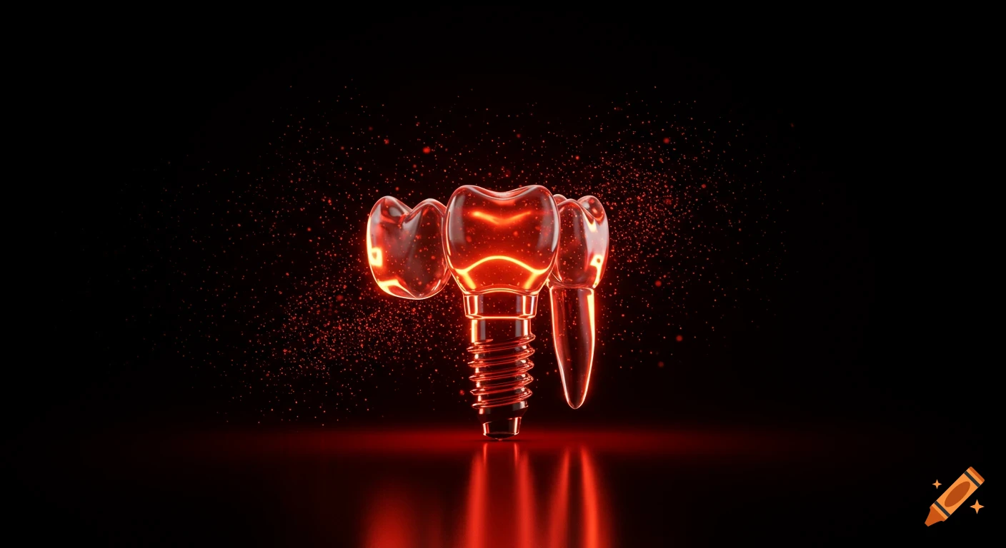 Futuristic, glowing red glass dental implants stand on a reflective surface against a dark background with sparkling red particles.