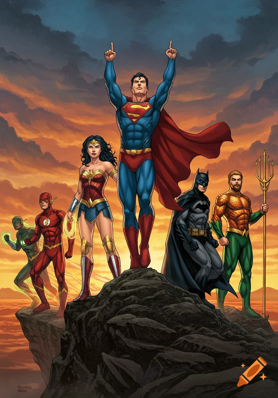The Justice League heroes (Superman, Wonder Woman, Flash, Green Lantern, Batman, Aquaman) stand on a rocky peak at sunset, comic art.