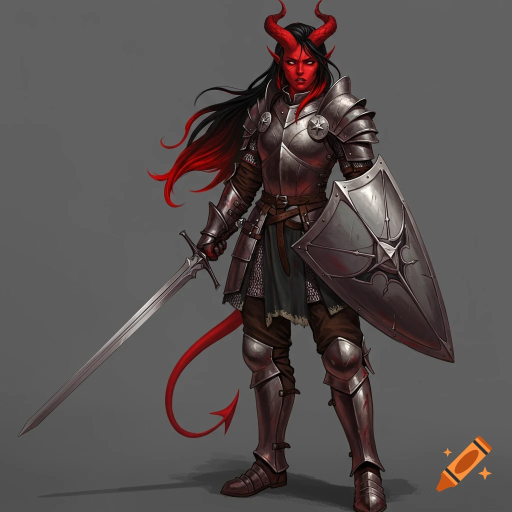 A red-skinned, black-haired tiefling paladin in full armor, holding a sword and shield against a grey background.