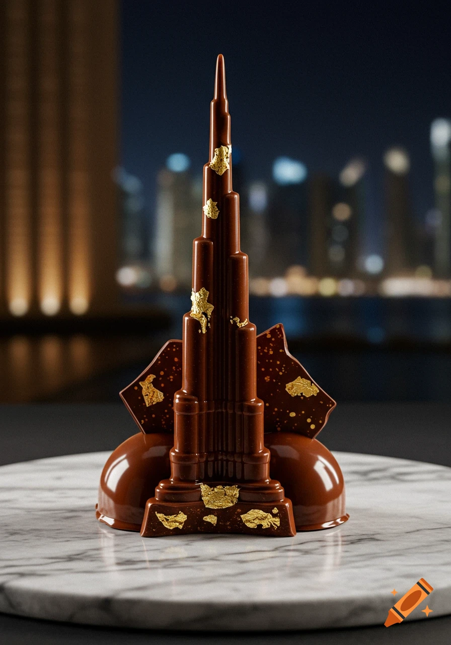A photorealistic chocolate sculpture of the Burj Khalifa, adorned with gold leaf, on a marble base with a blurred city night background.