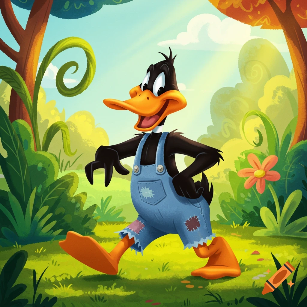 Daffy Duck in blue overalls with patches walking through a bright, colorful cartoon forest.