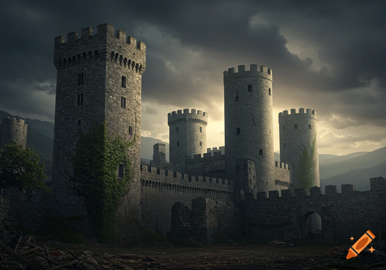 A photorealistic, ominous medieval castle with tall, damaged towers and walls under a dark, cloudy sky, mountains in the distance.