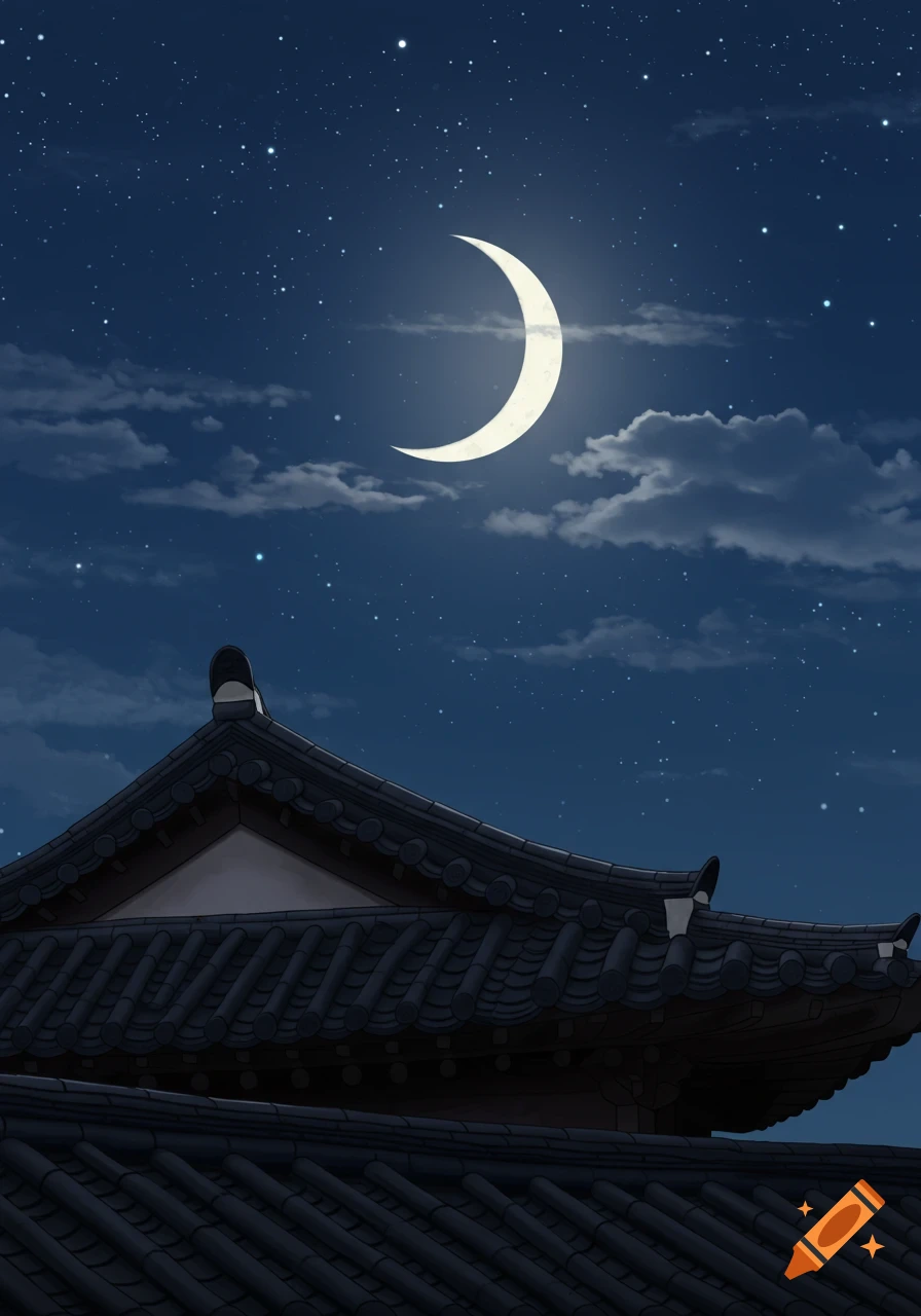 A bright crescent moon shines in a dark, starry night sky with sparse clouds, casting light over the intricate dark tiled roof of a traditional Korean building.