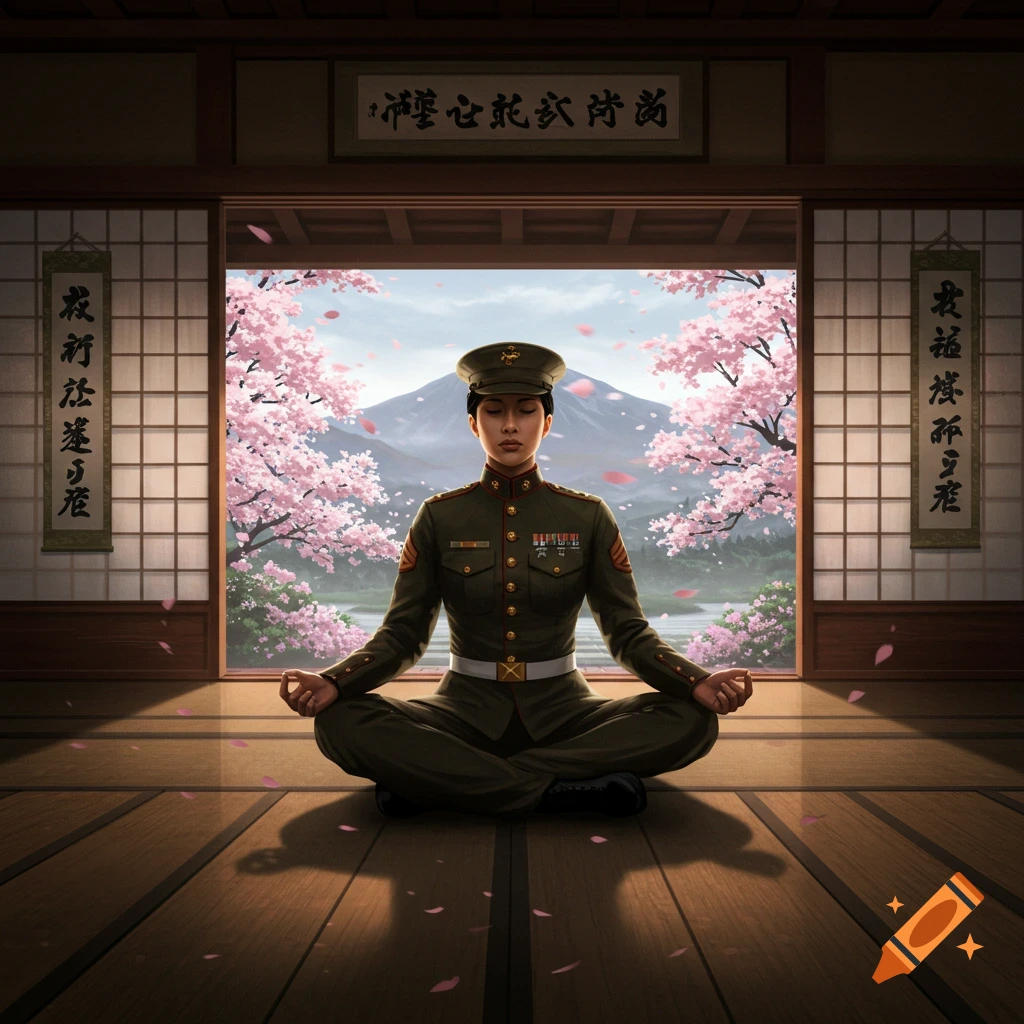 A woman in a green military uniform meditates in a Japanese temple. Outside, cherry blossoms bloom and a mountain rises.