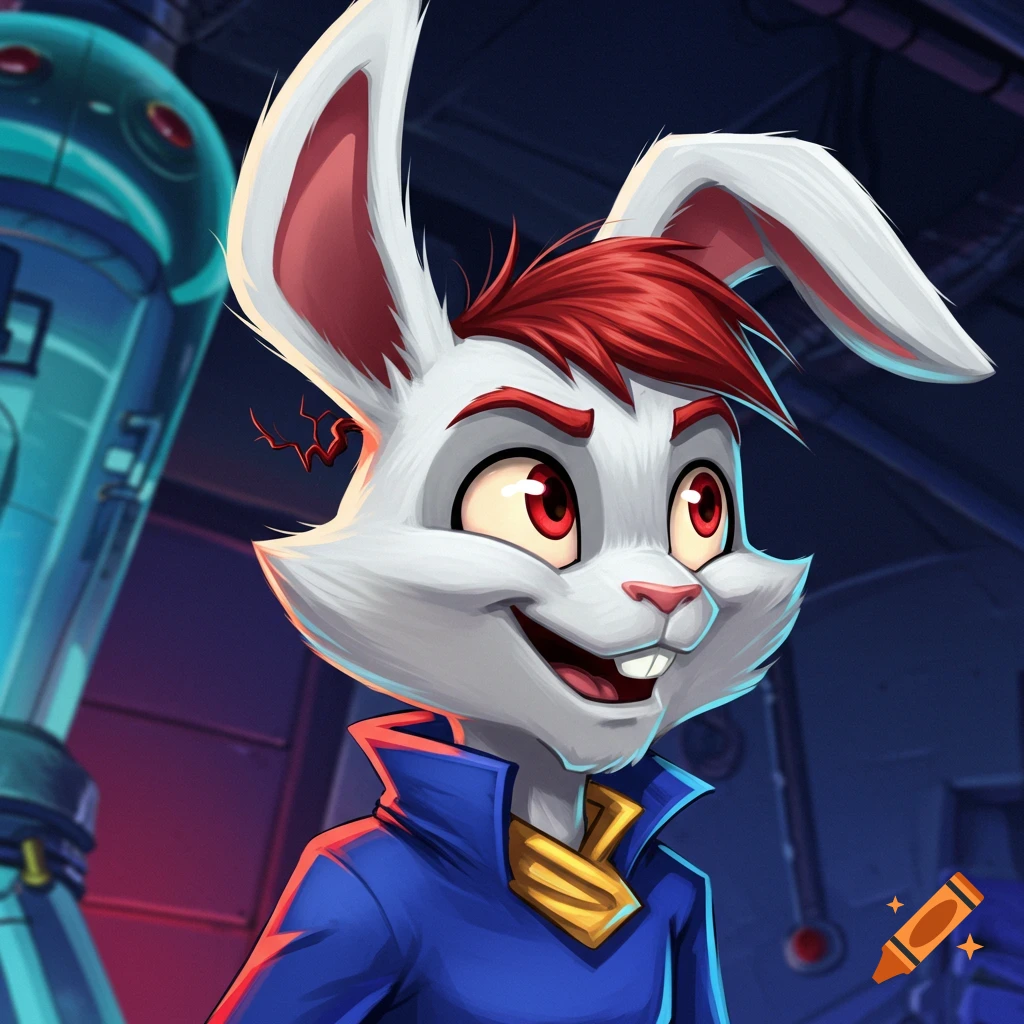 A vibrant cartoon of a smiling white anthropomorphic rabbit with red hair and shining red eyes, wearing a blue jacket, in a sci-fi setting.