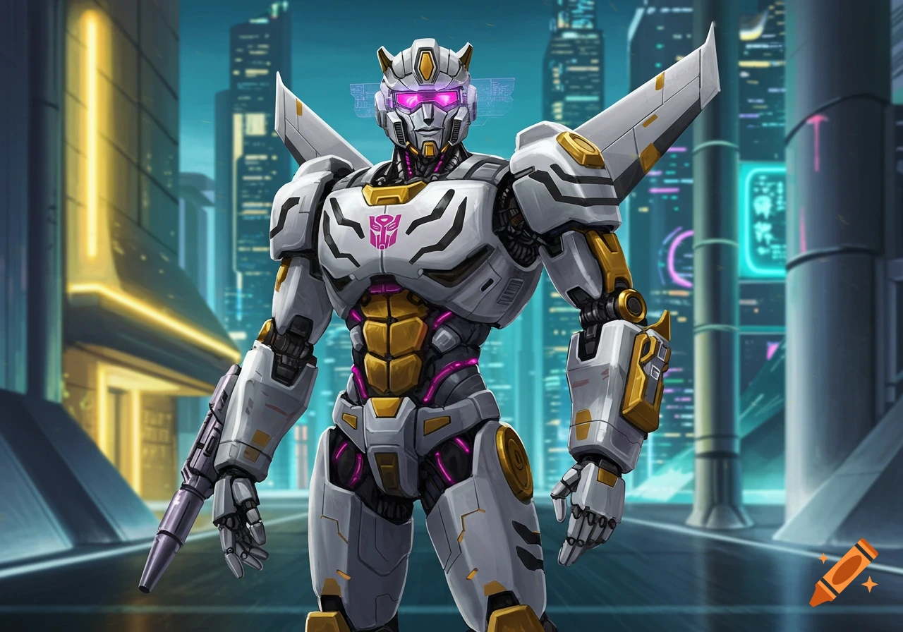 A white and gold robot with wings, a purple optical visor, and an Autobot symbol on its chest stands in a futuristic city.