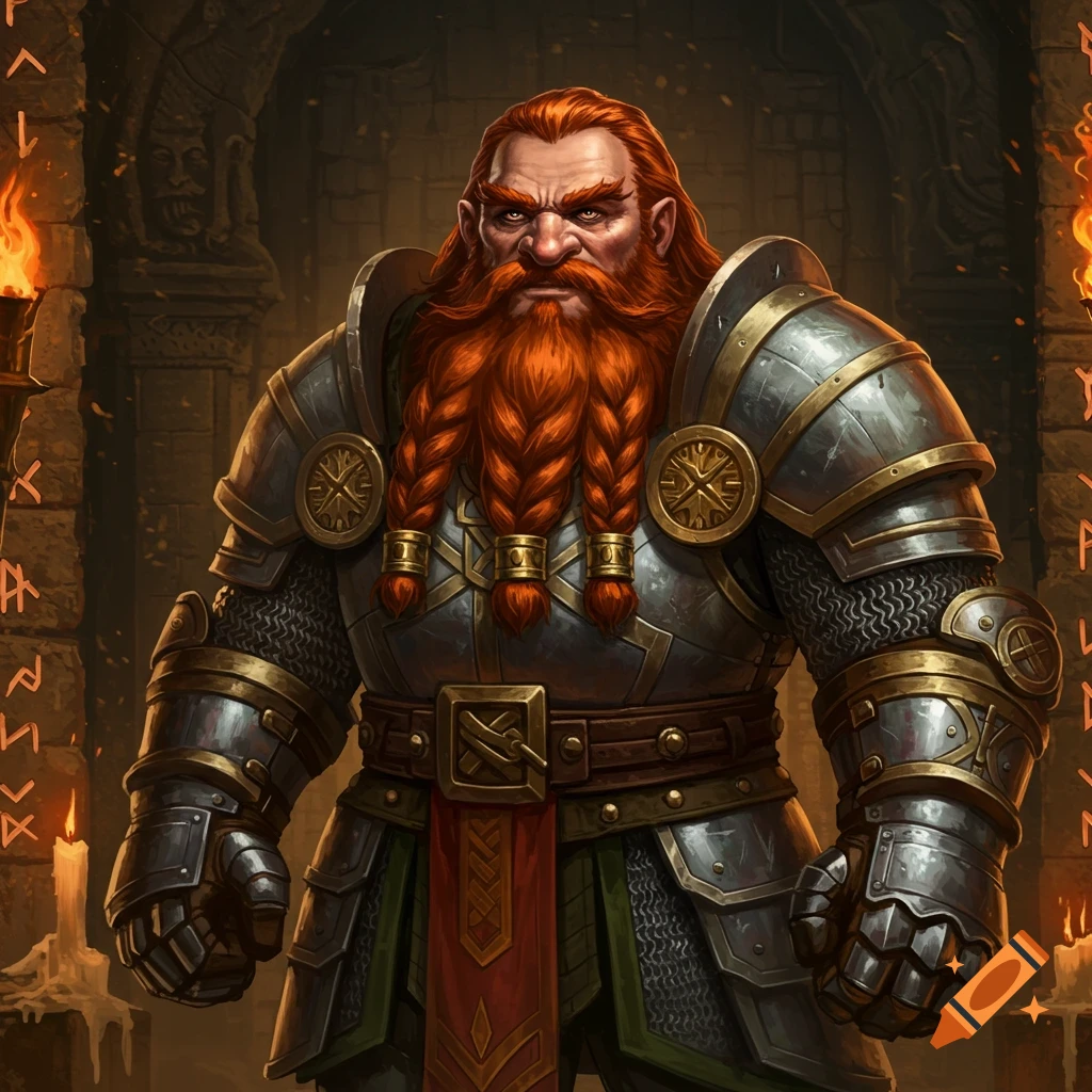 A stern, armored dwarven cleric with a long braided red beard stands in a torchlit stone dungeon.