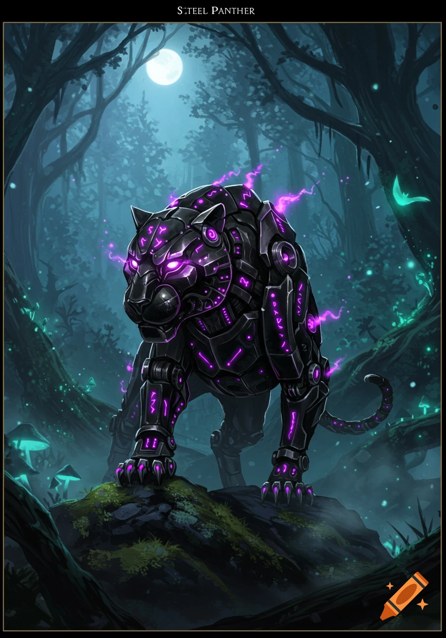 A black mechanical panther with glowing purple accents stands in a dark, mystical forest under a full moon.