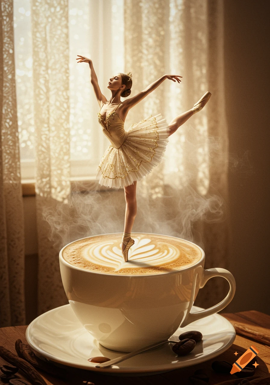 Photorealistic image of a ballerina dancing en pointe on a steaming latte with heart art, in a sunlit room.