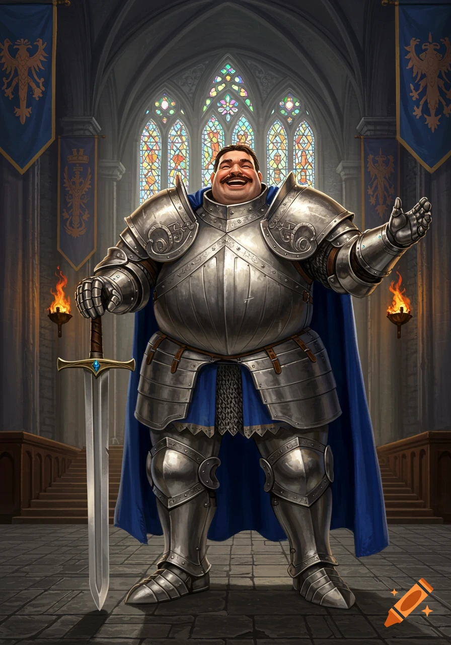 A cheerful, portly knight in shiny plate armor stands in a grand cathedral, holding a sword and gesturing, fantasy illustration.