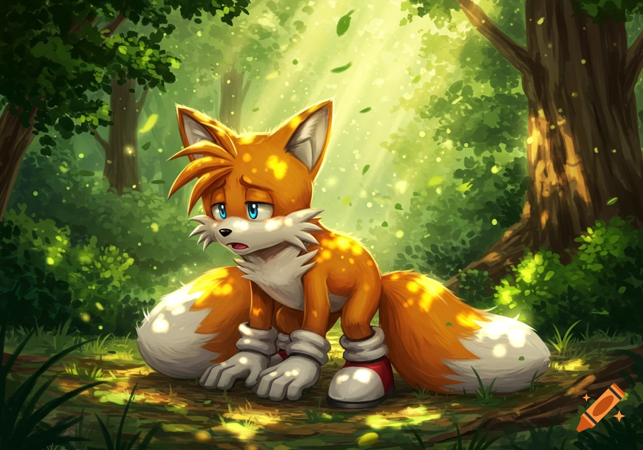 Tails, the orange two-tailed fox, sits sadly in a sunlit, vibrant green forest, depicted in a digital art style.