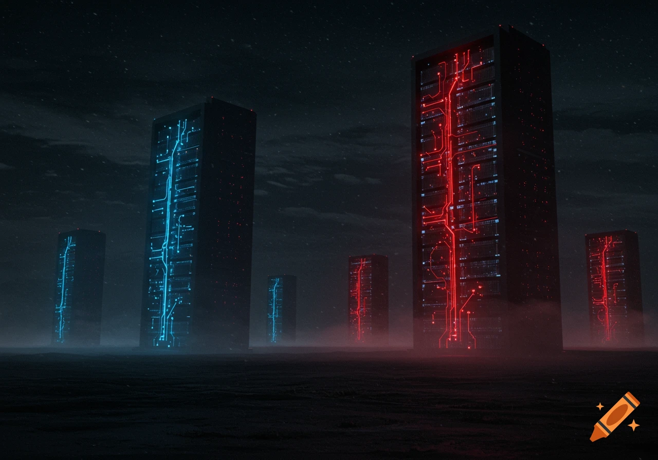 Tall, dark, server-like skyscrapers with glowing blue and red circuit patterns stand in a foggy, dark field under a gloomy sky.