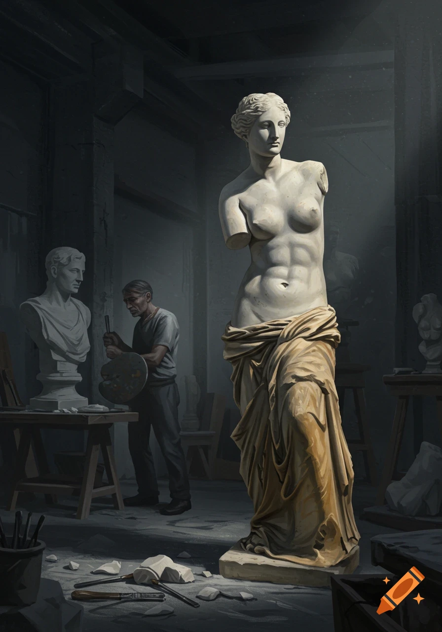 A sculptor works on a bust in a dimly lit studio, next to a spotlighted classical statue of Venus.
