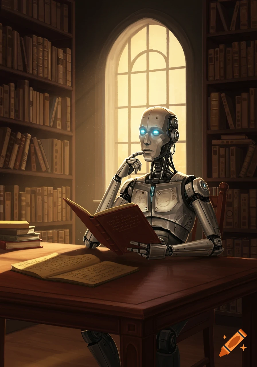 A robot with glowing blue eyes sits at a wooden table in a library, reading a book. Sunlight streams through an arched window.