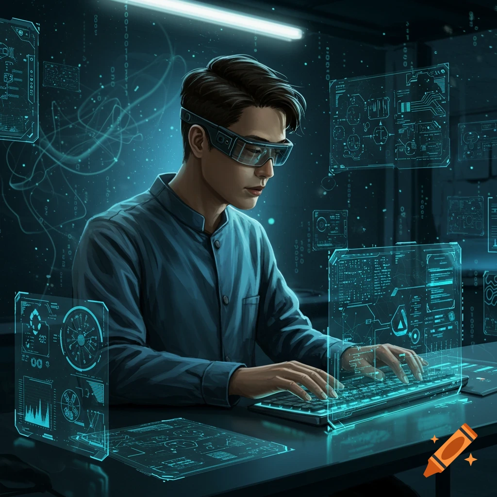 A man in a futuristic lab wearing goggles, typing on a holographic keyboard with glowing blue data screens around him.