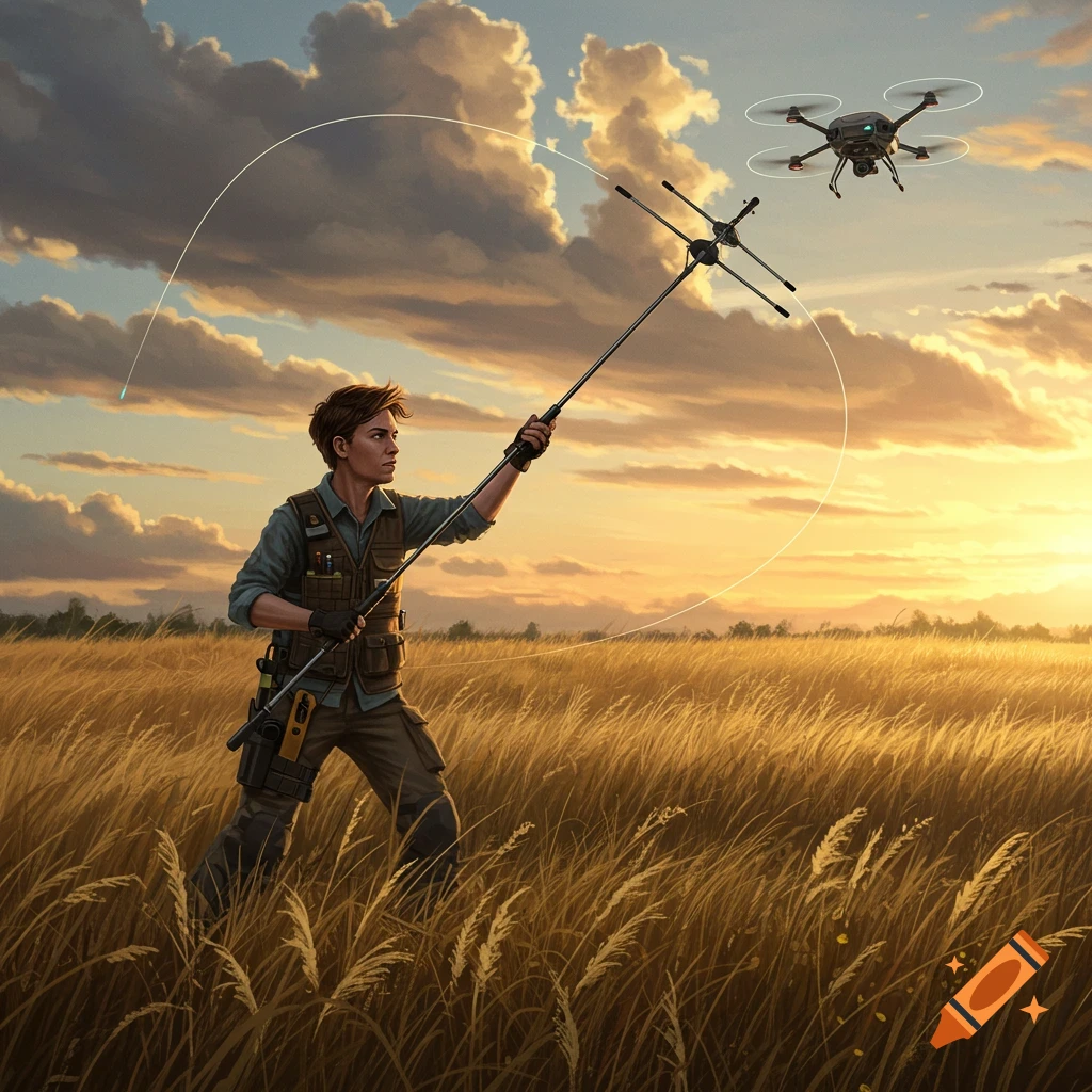 An engineer in a field holds a long antenna pole towards a flying drone against a golden sunset sky.