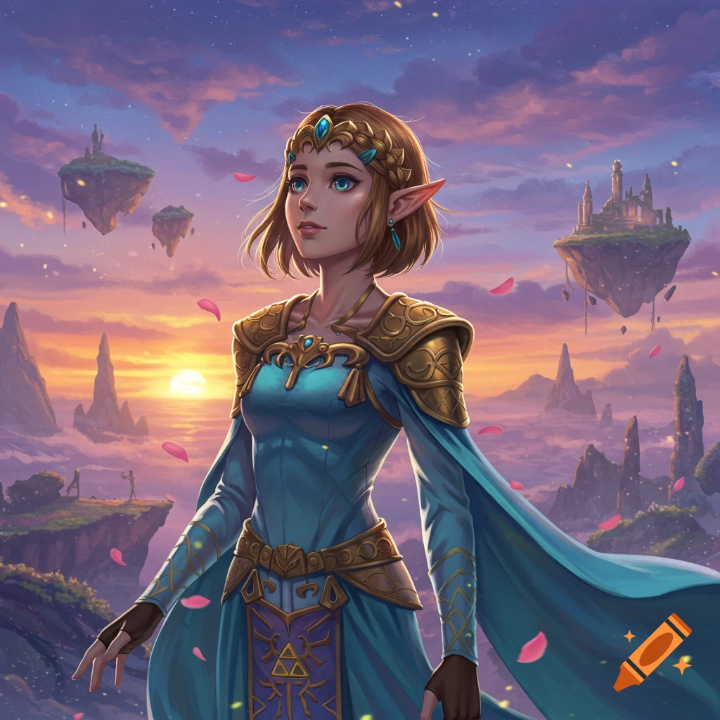 Princess Zelda with a bob haircut stands in a fantasy landscape with floating islands and a sunset, illustrated.