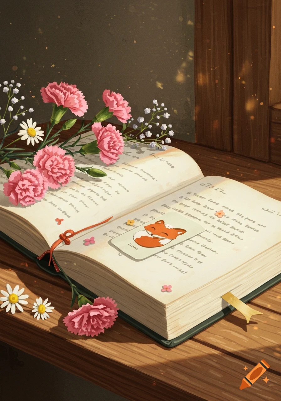 An open book with a sleeping fox bookmark, pink carnations, and daisies on a wooden table, in an illustrative style.