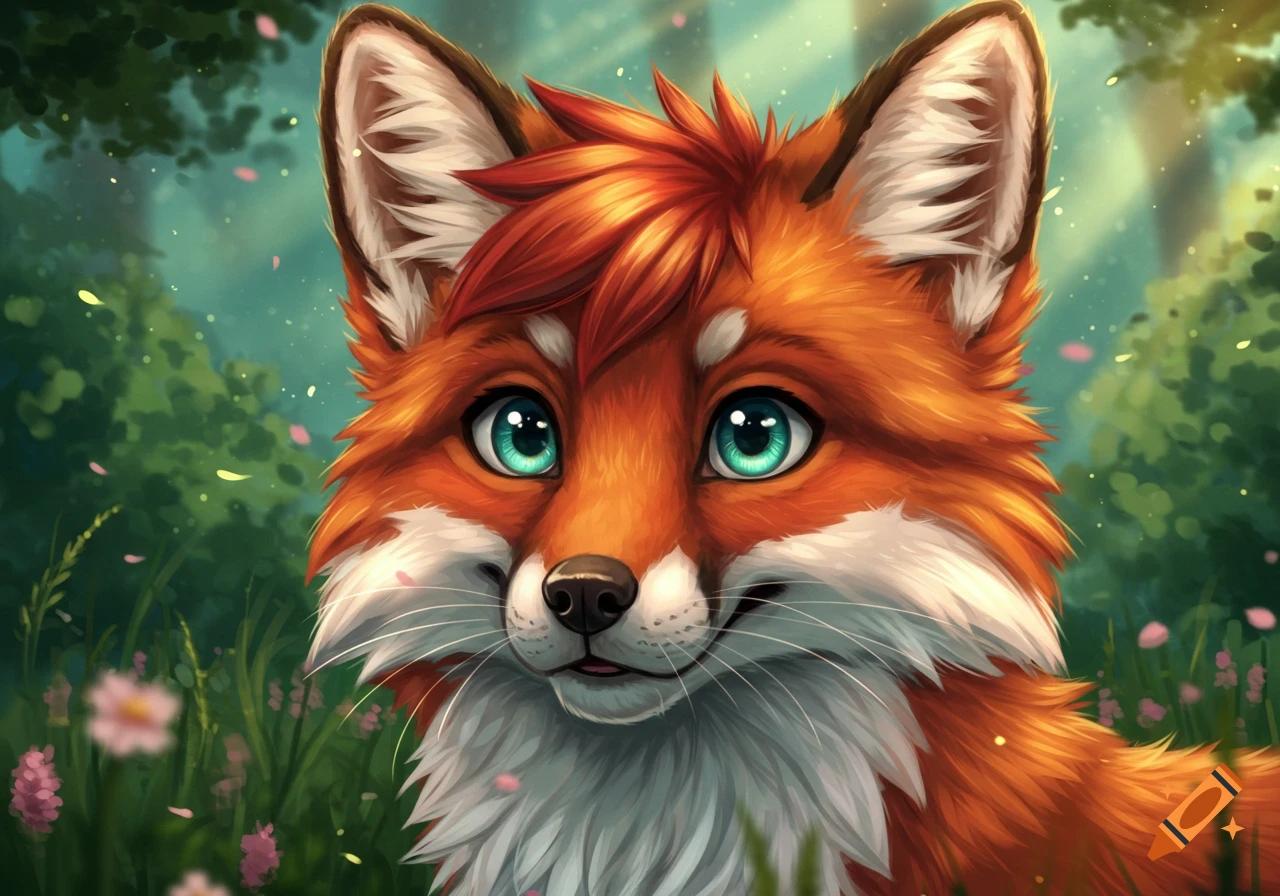A cute, stylized orange fox with large turquoise eyes gazes forward in a vibrant green forest with pink flowers.