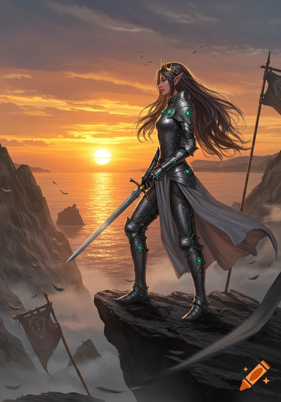 Elf warrior princess in dark armor with emeralds stands on a cliff, holding a sword, overlooking an ocean sunset.