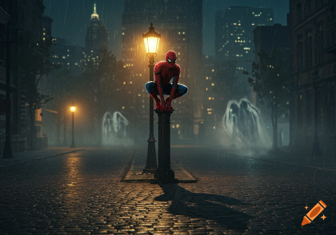 Spider-Man crouches on a glowing lamppost in a dark, rainy city street, with blurry figures in the background.