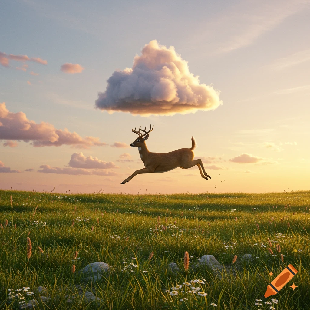 A majestic deer leaps through a grassy field towards a large fluffy cloud at sunset.