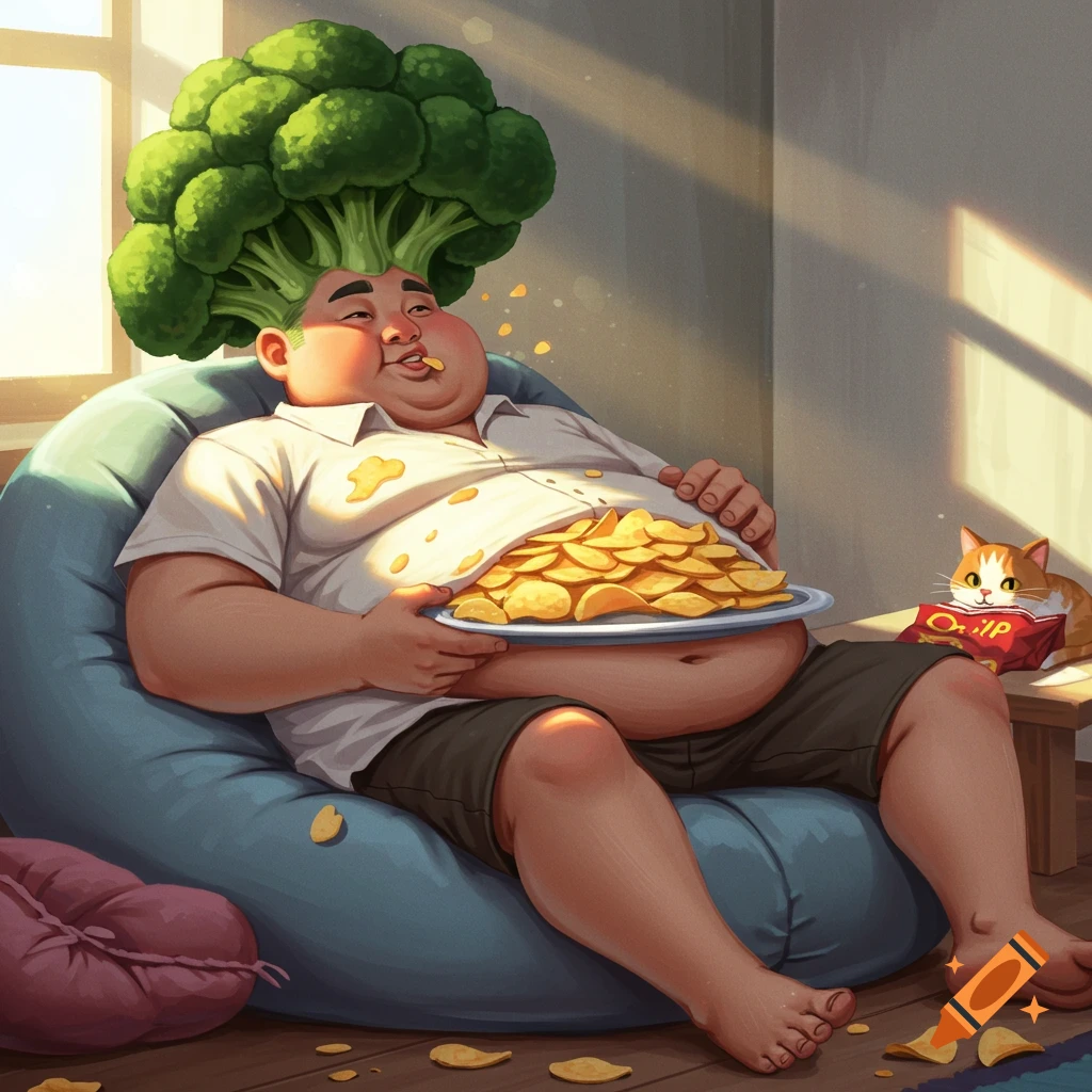 A cartoon man with broccoli for hair sits on a beanbag, eating potato chips from his belly, with a cat by his side in a sunlit room.