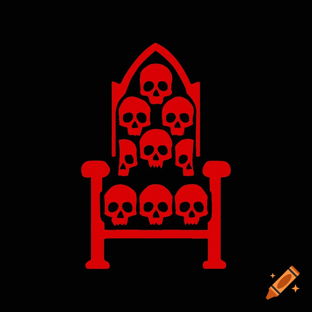 A minimalist red logo of a throne made of skulls on a black background.
