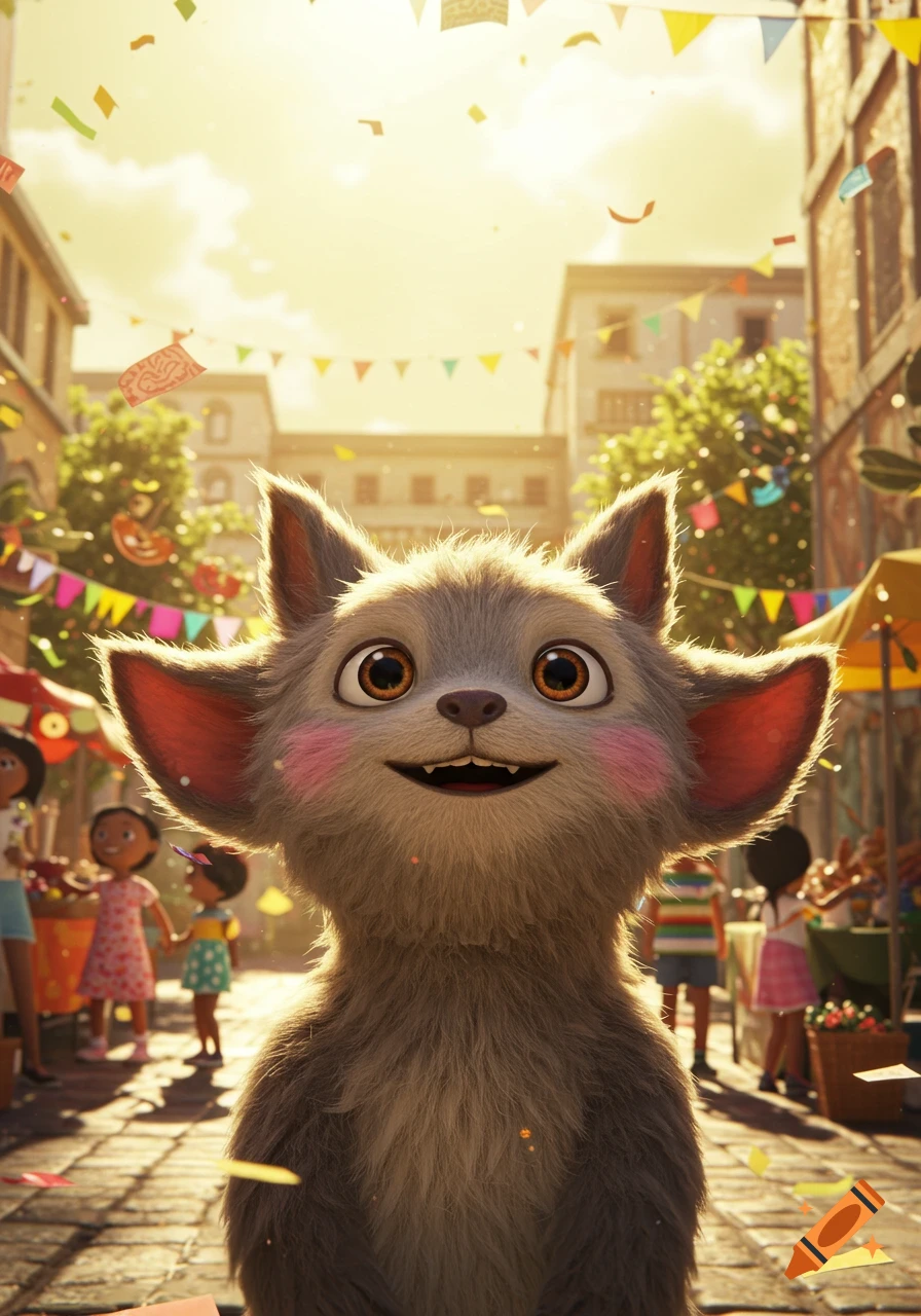 A cute, furry gray cartoon creature with big eyes smiles in a festive street market with confetti and colorful flags.