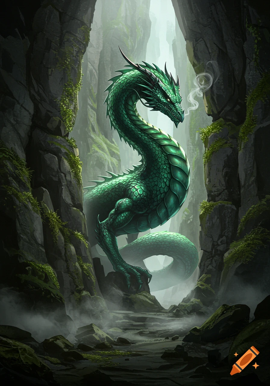 A detailed green dragon stands majestically in a misty, moss-covered rocky cave passage, exhaling a wisp of smoke.