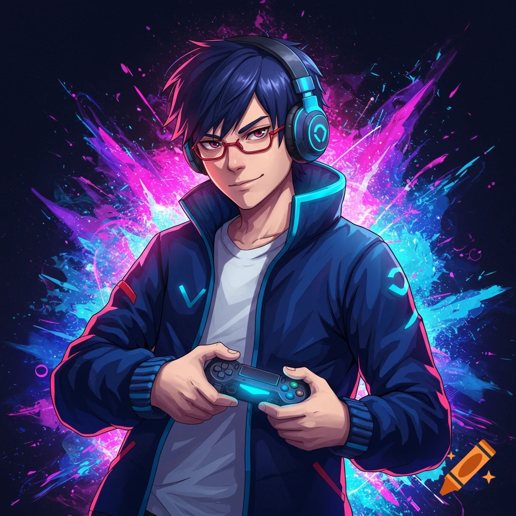 Anime gamer with blue hair, red glasses, and headphones holds a controller against a vibrant pink and blue background.
