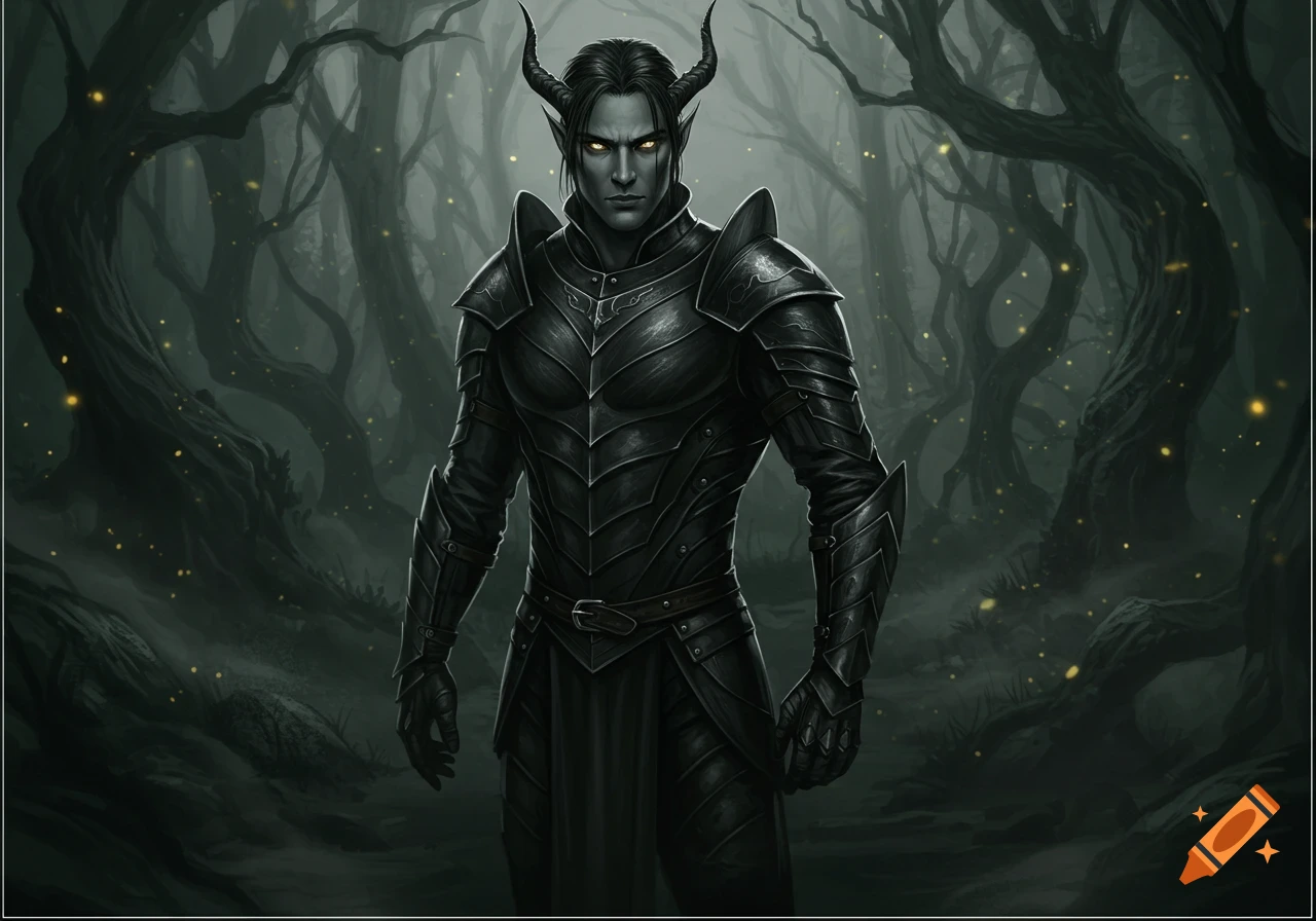 A dark fae male with horns and glowing yellow eyes, wearing black armor, stands in a misty, foreboding forest.
