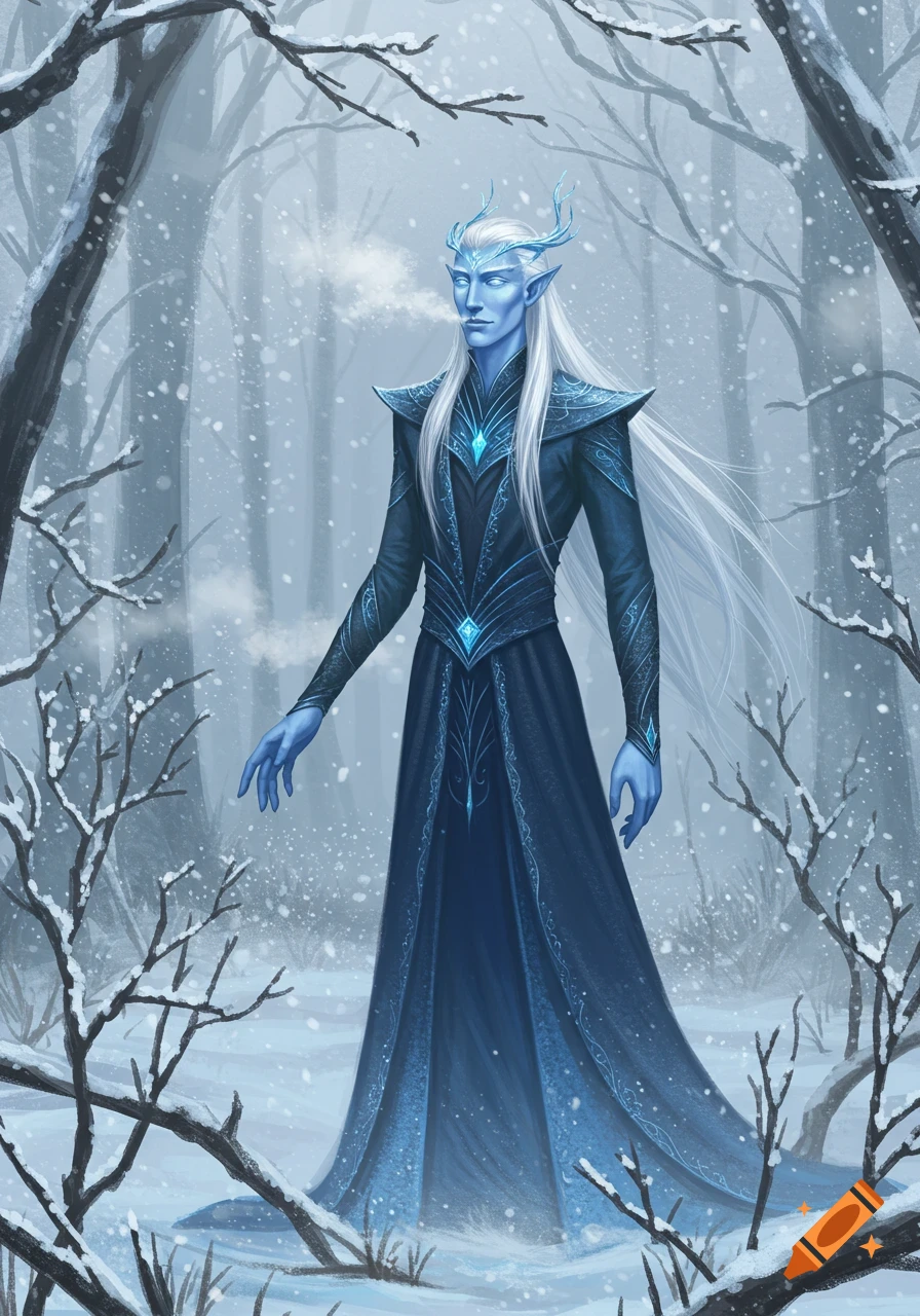 An elf with long white hair, blue skin, and glowing blue eyes stands in a snowy winter forest, wearing an elaborate dark blue outfit.