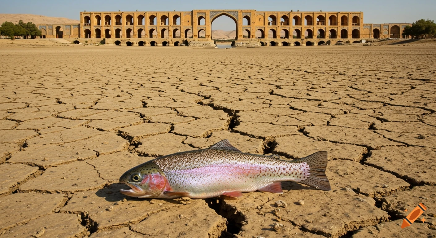 A dead rainbow trout lies on cracked, dry earth in a parched riverbed, with the historic Khaju Bridge under a clear sky in the background.