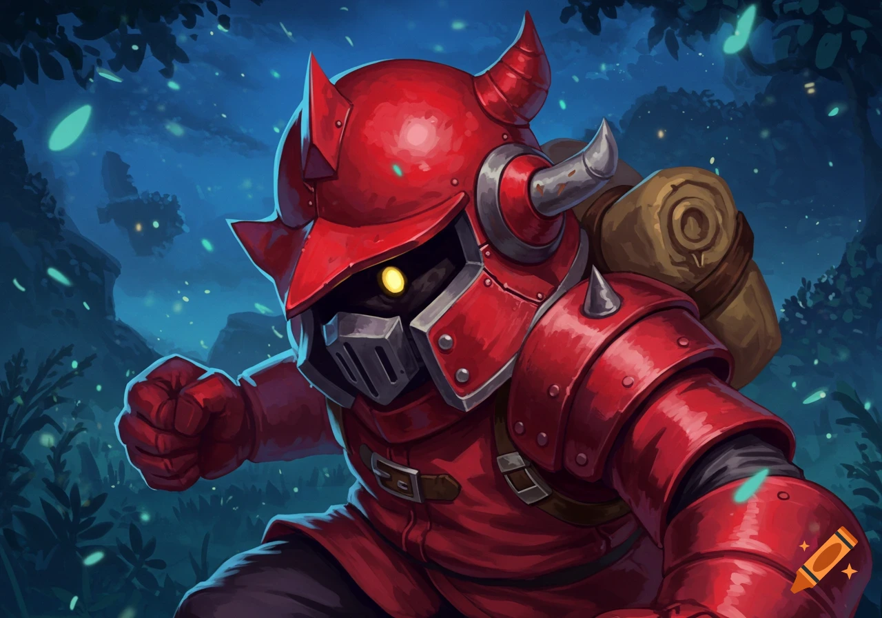A red armored character with horns, a glowing yellow eye, and a backpack, in a dark, glowing forest, in a video game art style.