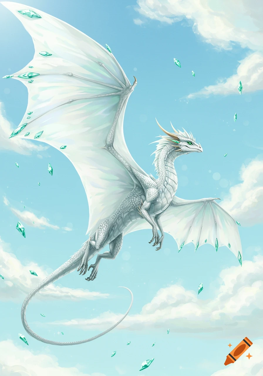 A white fantasy dragon with large wings accented with green crystals flies through a bright blue sky with clouds.