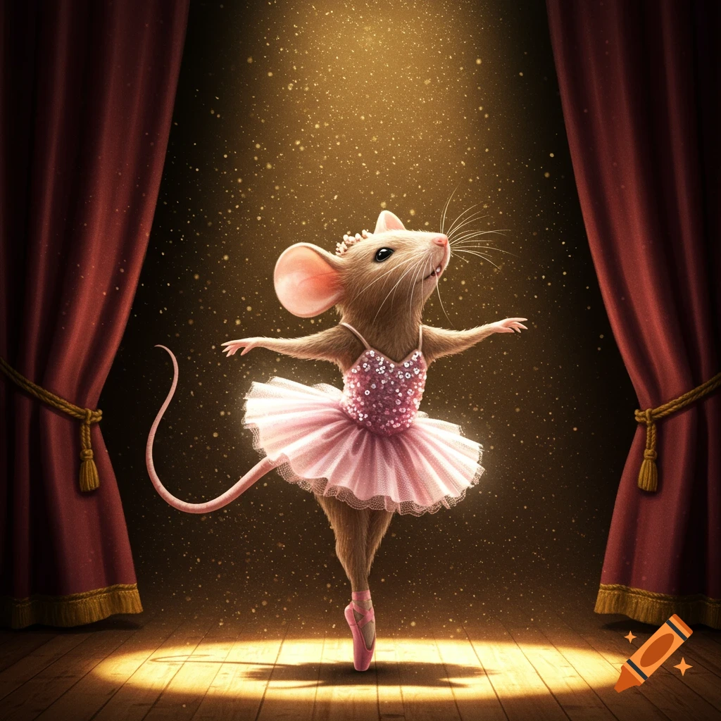 A tiny mouse ballerina in a sparkly pink tutu and pointe shoes poses on a spotlighted wooden stage with red curtains.