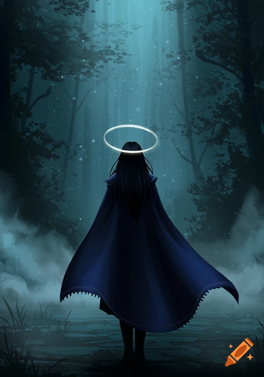A cloaked figure with a halo stands with her back to the viewer, facing a dark, misty forest. Digital illustration.