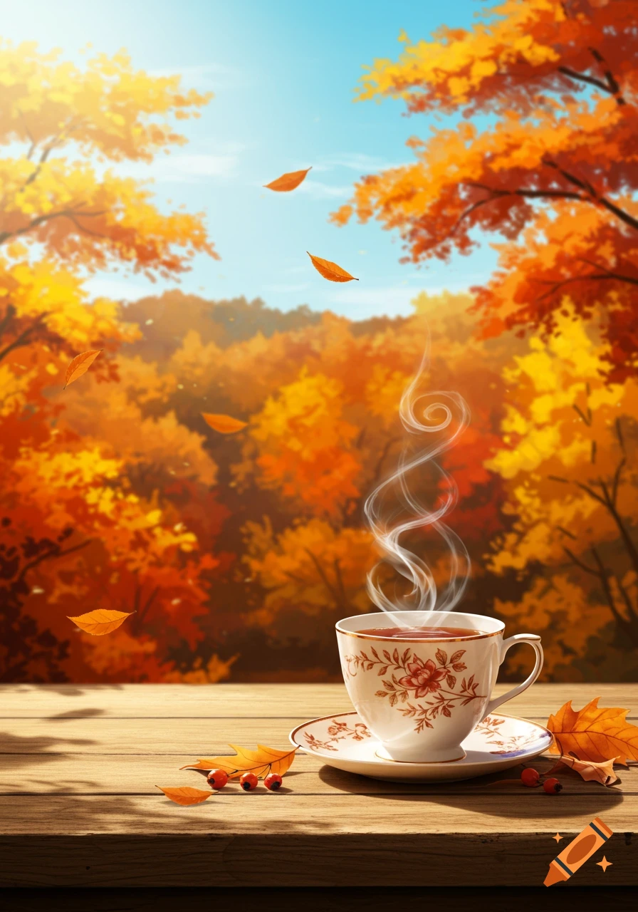 A steaming cup of tea on a wooden table in front of a vibrant autumn forest with falling leaves.