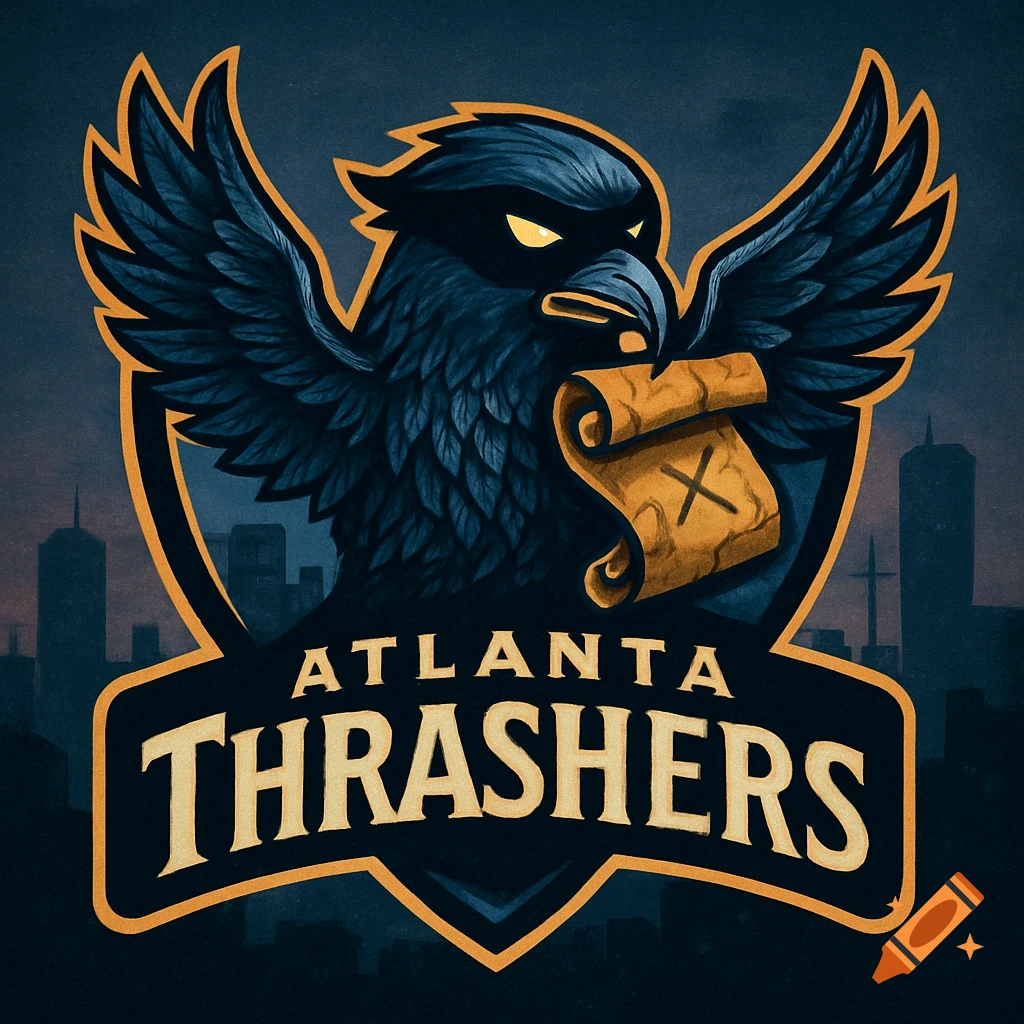 Dark blue and gold logo of a stylized bird with glowing eyes, holding a scroll marked with an 'X', above 'ATLANTA THRASHERS' text and a city skyline.