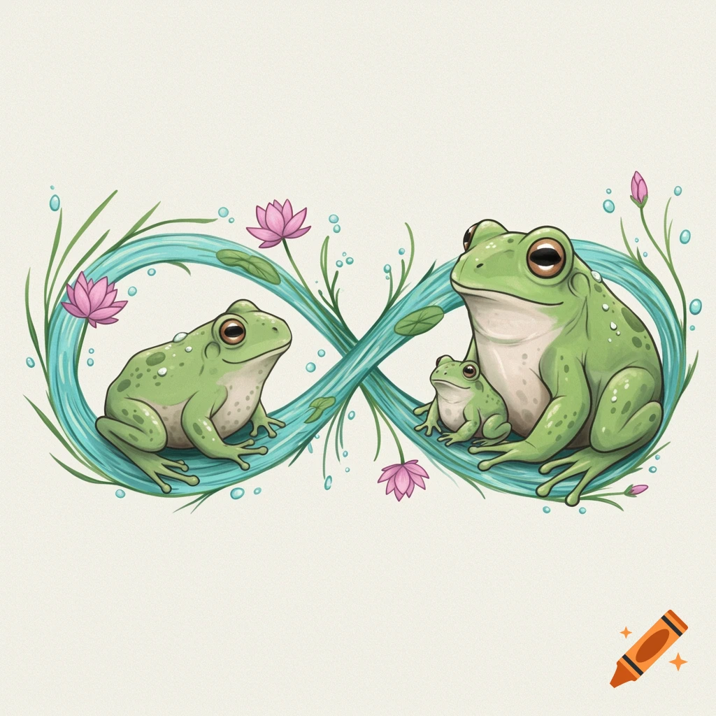 Illustration of three green frogs, including a mommy and baby, intertwined within a water and vine infinity symbol with pink lotus flowers.
