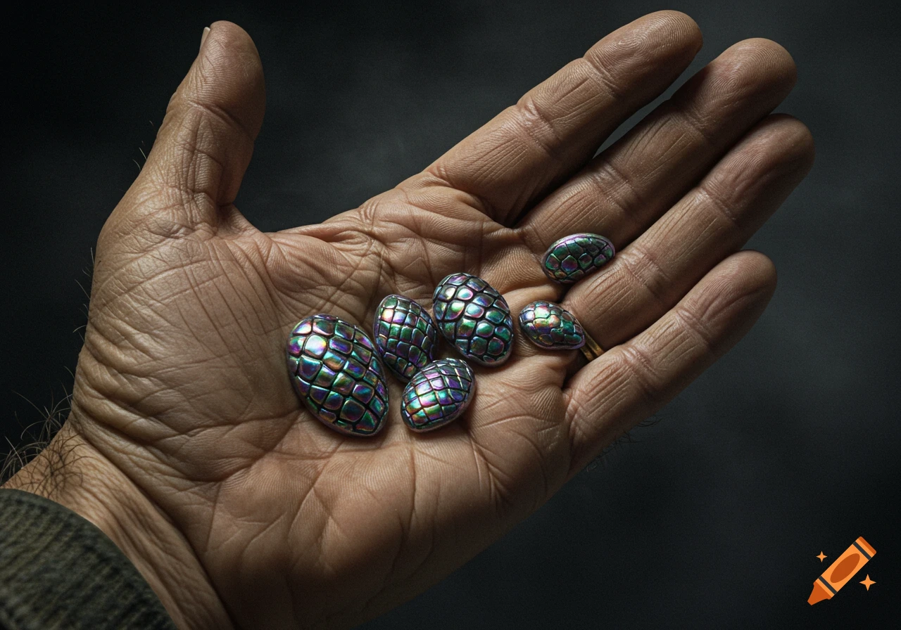 A man's hand holds several iridescent, colorful, scale-like objects, possibly dragon scales, against a dark background.