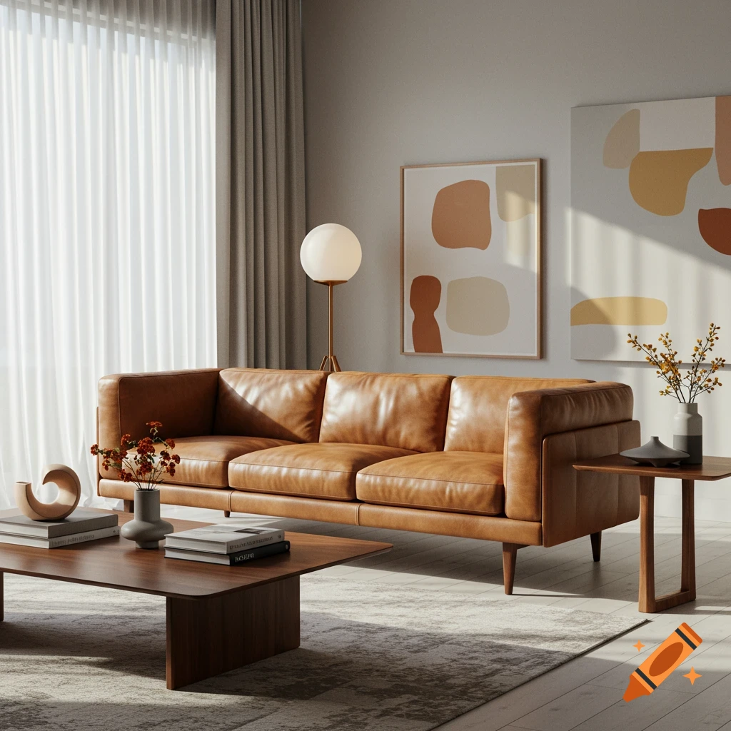 A modern living room with a brown leather sofa, wooden coffee table, abstract art, and sheer curtains, bathed in sunlight.