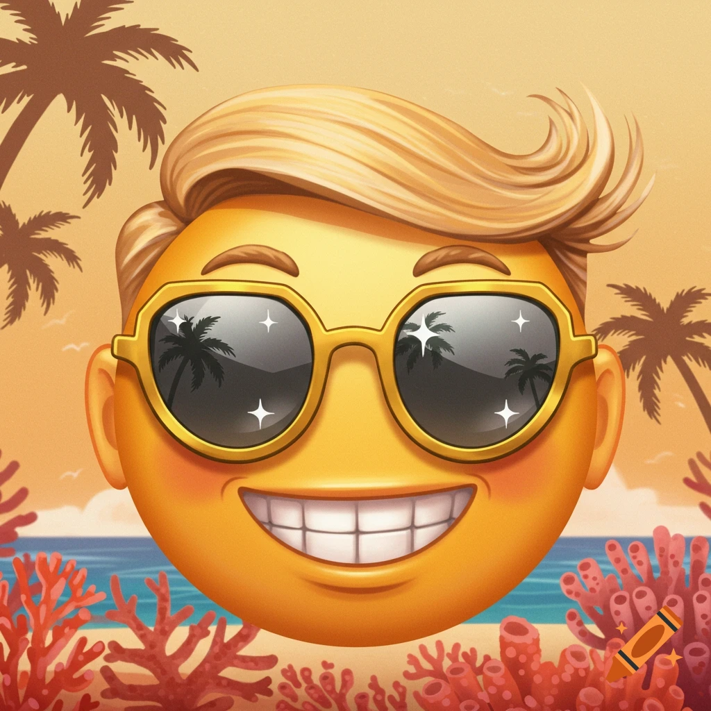 A smiling blonde emoji wearing golden sunglasses reflects palm trees, against a tropical beach with red coral.