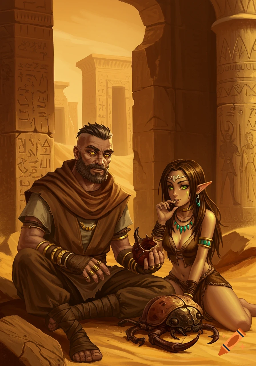 A bearded man and an elf-like woman with glowing eyes sit in a desert ruin, eating a giant beetle. Fantasy art.