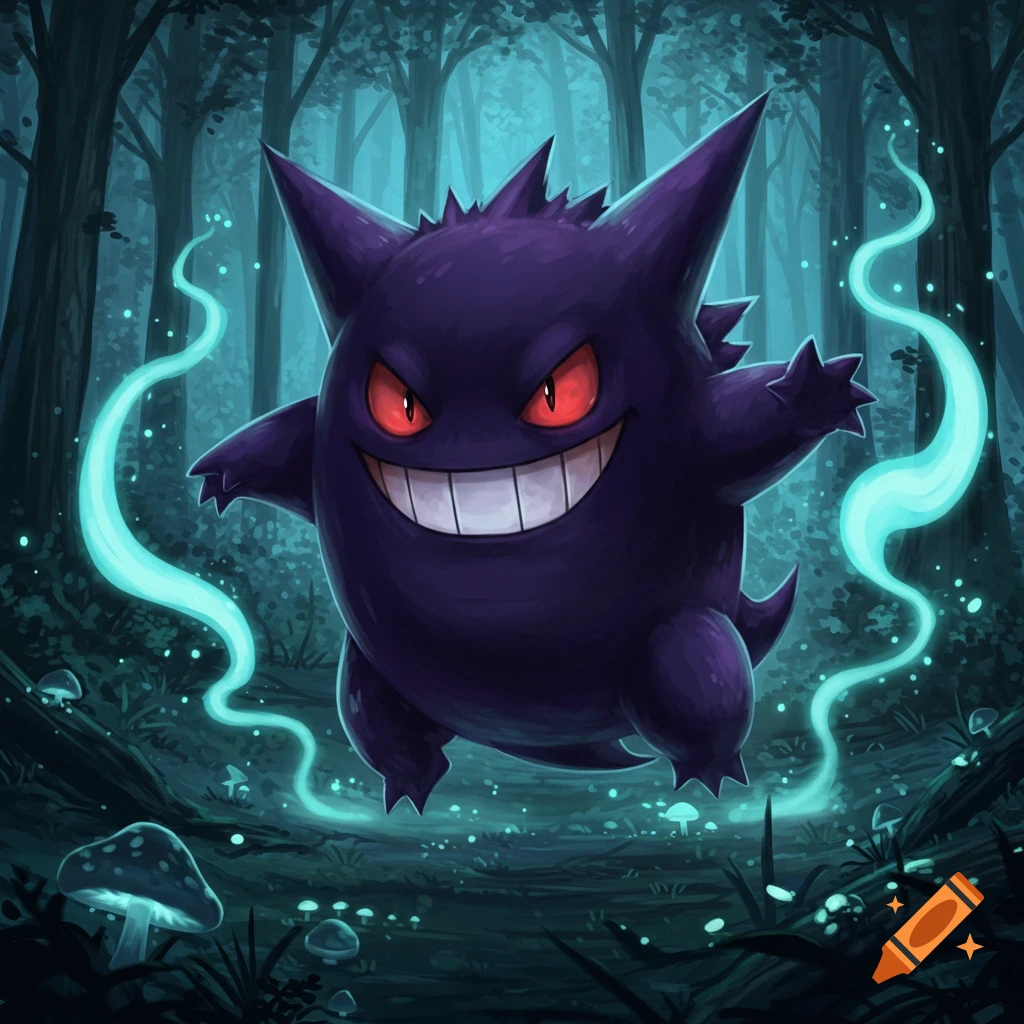 A mischievous dark purple Gengar with glowing red eyes and a wide grin floats in a mystical, dark forest, surrounded by ethereal blue wisps and glowing mushrooms.