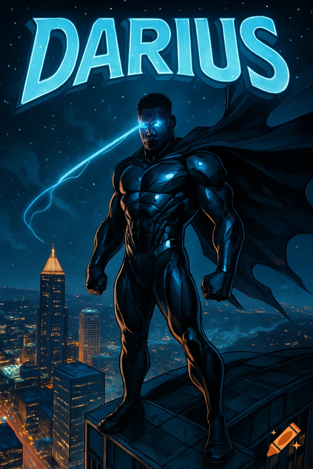 Muscular black superhero Darius with glowing blue eyes and a lightning bolt from his eye, stands on a skyscraper rooftop at night, comic book art.