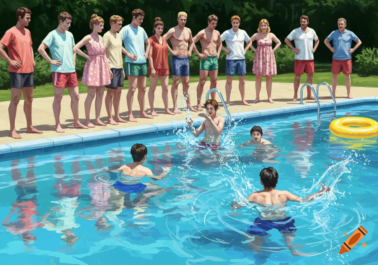 An illustrated scene of people at a swimming pool, with some adults standing poolside and several young people splashing in the water.