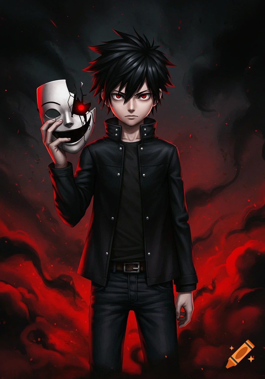 An anime boy with spiky black hair and red eyes holds a broken, smiling white mask against a red and black misty background.